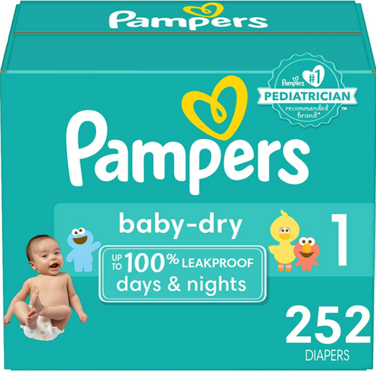 Pampers Baby Dry Diapers - Size 1, One Month Supply (252 Count), Absorbent Disposable Diapers