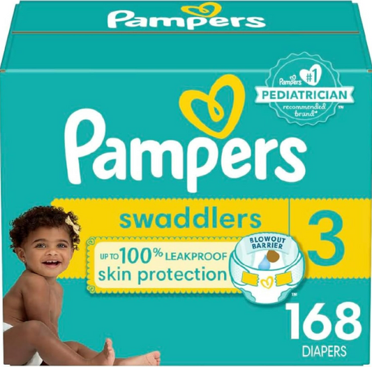Pampers Swaddlers Diapers - Size 3, One Month Supply (168 Count), Ultra Soft Disposable Baby Diapers
