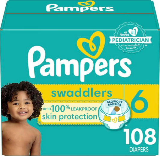 Pampers Swaddlers Diapers - Size 6, One Month Supply (108 Count), Ultra Soft Disposable Baby Diapers
