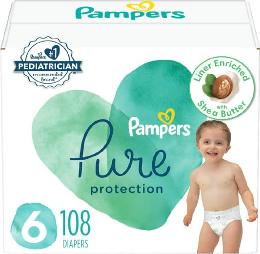Pampers Pure Protection Diapers - Size 6, One Month Supply (108 Count), Hypoallergenic Premium Disposable Baby Diapers